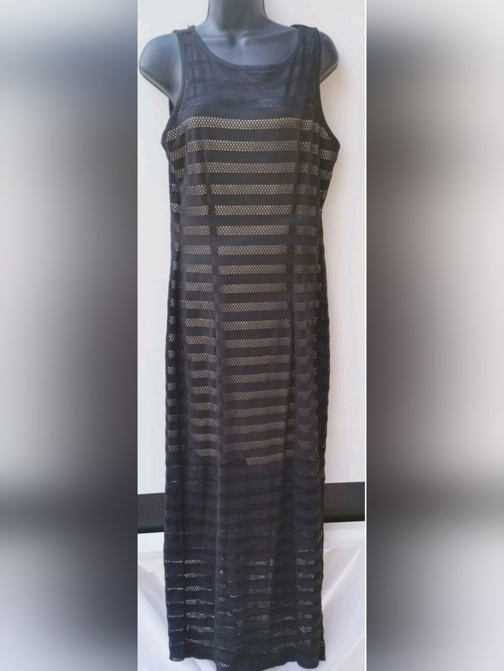 Roxberi Women's Black Sleeveless Sheer Stripe Maxi Dress Size 12